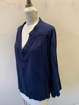TYSA, Navy Blue, Rayon, Solid, 3/4 Flared Sleeves, Pullover, Band Collar with V-Notch at Center Front, Gathered Into Shoulder Yoke, Oversized Loose Fit