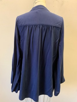 TYSA, Navy Blue, Rayon, Solid, 3/4 Flared Sleeves, Pullover, Band Collar with V-Notch at Center Front, Gathered Into Shoulder Yoke, Oversized Loose Fit