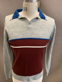 Mens, Sweater, MISTER MAN, Gray, Maroon Red, Blue, White, Acrylic, Color Blocking, L, Polo, L/S, Pullover
