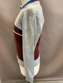 Mens, Sweater, MISTER MAN, Gray, Maroon Red, Blue, White, Acrylic, Color Blocking, L, Polo, L/S, Pullover