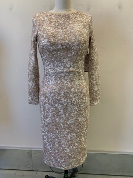 Womens, Evening Gown, XSCAPE, Rose Gold Metallic, White, Champagne, Polyester, Sequins, Leaves/Vines , W30, B34, H38, L/S, Round Neck, Midi, Back Zipper, Mini Back Slit