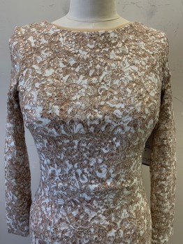 Womens, Evening Gown, XSCAPE, Rose Gold Metallic, White, Champagne, Polyester, Sequins, Leaves/Vines , W30, B34, H38, L/S, Round Neck, Midi, Back Zipper, Mini Back Slit