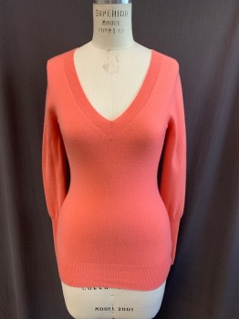 J. CREW, Salmon Pink, Cashmere, Solid, V-neck, Long Sleeves