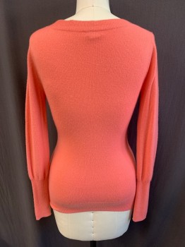 J. CREW, Salmon Pink, Cashmere, Solid, V-neck, Long Sleeves
