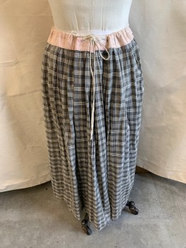 Womens, Skirt 1890s-1910s, NL, Black, White, Cotton, Plaid, H: 42, W: 32, Pink & Off White Diagonal Stripes at Waistband, Wide Waistband, Drawstring Waist, Pleated Front, Hem Below Knee, *Small Stain on Left Front