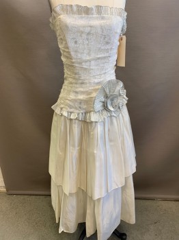 Womens, Evening Gown, NADINE, Ecru, Silver, Nylon, Acetate, Floral, Solid, W 22, B 30, Strapless, Ecru & Silver Floral Lace Gathered Bodice with Silver Pleated Ruffle Trim, Back Zipper, Bodice Can Be Let Out By the Costumer... Solid Two Tiered Ecru Skirt,