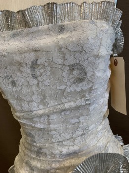 Womens, Evening Gown, NADINE, Ecru, Silver, Nylon, Acetate, Floral, Solid, W 22, B 30, Strapless, Ecru & Silver Floral Lace Gathered Bodice with Silver Pleated Ruffle Trim, Back Zipper, Bodice Can Be Let Out By the Costumer... Solid Two Tiered Ecru Skirt,