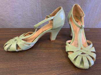 Womens, Shoes, CHELSEA CREW, Lt Green, Patent Leather, Solid, 8, Reproduction 30's Inspired, T-Strap with Cutouts at Toes, 3.5" Heel