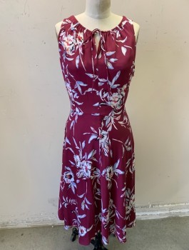 CLASSIQUES ENTIER, Plum Purple, Off White, Periwinkle Blue, Silk, Floral, Georgette, Round Neck with Keyhole and Drawstring Ties,  Bias Cut A-Line Skirt, Hem Below Knee, Invisible Zipper at Side