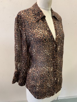 PAIGE, Brown, Black, Beige, Polyester, Animal Print, Leopard Spots, Chiffon, 3/4 Sleeves, Button Front With Fabric Buttons & Loops, Collar Attached, V-Neck