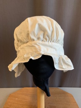 Womens, Historical Fiction Hat, MTO, Off White, Cotton, Solid, O/S, 1700s, No Ties, Ruffle Trim