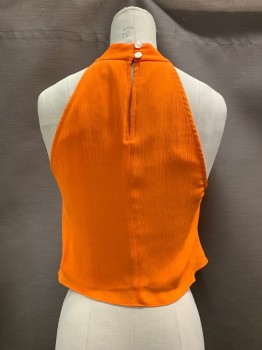 STAUD, Orange, Polyester, Solid, Round Neck, 2 Buttons At Neck, Slvls, Ruched Front, Side Zipper, Keyhole Back,