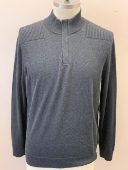 HUGO BOSS, Charcoal Gray, Cotton, Wool, Heathered, Stand Collar, Half Front Zipper Covered with Placket, Ribbing On Shoulders, L/S