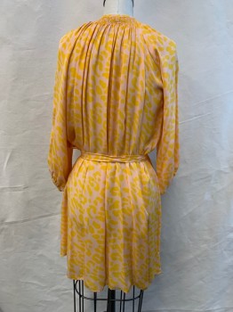 TUCKER, Beige, Yellow, Polyester, Animal Print, 2 Piece with Belt, Round Neck, Shirred at Neckline, Button Front, Long Sleeves, Gathered a Cuff