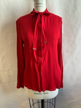 ZARA, Red, Viscose, Solid, Crew Neck, Neck Tie Attached, 1/2 Button Front, Long Sleeves