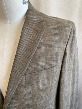 MICHAEL KORS, Brown, Ecru, Lt Olive Grn, Off White, Wool, Polyester, Plaid, Single Breasted, 2 Buttons, 3 Pockets, Notched Lapel, Double Vent