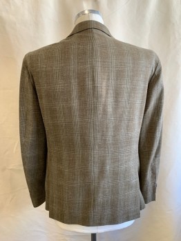 MICHAEL KORS, Brown, Ecru, Lt Olive Grn, Off White, Wool, Polyester, Plaid, Single Breasted, 2 Buttons, 3 Pockets, Notched Lapel, Double Vent