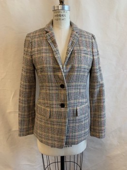 J. CREW, Lt Beige, Red, Sage Green, Yellow, Brown, Wool, Plaid, Houndstooth, Single Breasted, 2 Buttons, Notched Lapel, 3 Pockets, 4 Button Cuffs, 1 Back Vent
