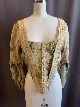 Womens, Historical Fiction Bodice, MTO, Cream, Salmon Pink, Lt Green, Yellow, Dk Green, Synthetic, Floral, B32, 1700s, Square Neck with Lace Trim, Button Front, Hooks on Inside Hem, L/S *Aged/Distressed, Frayed and Discolored*