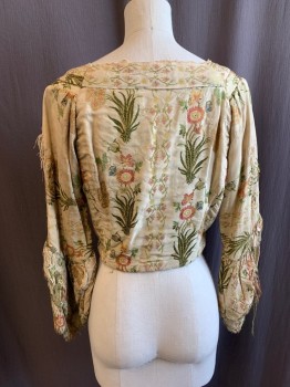 Womens, Historical Fiction Bodice, MTO, Cream, Salmon Pink, Lt Green, Yellow, Dk Green, Synthetic, Floral, B32, 1700s, Square Neck with Lace Trim, Button Front, Hooks on Inside Hem, L/S *Aged/Distressed, Frayed and Discolored*