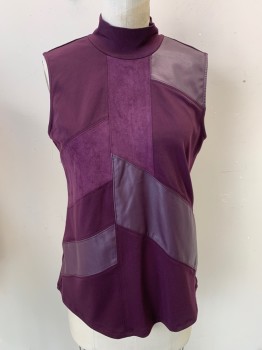 CALVIN KLEIN, Aubergine Purple, Polyester, Spandex, Novelty Pattern, Sleeveless, Mock Turtle Neck, 1/4 Zipper Center Back, Patchwork of Faux Suede, Leather, & Knit,
