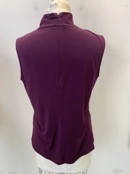 CALVIN KLEIN, Aubergine Purple, Polyester, Spandex, Novelty Pattern, Sleeveless, Mock Turtle Neck, 1/4 Zipper Center Back, Patchwork of Faux Suede, Leather, & Knit,