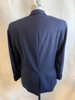 RALPH LAUREN, Navy Blue, Wool, Solid, Single Breasted, 2 Buttons, 3 Pockets, Notched Lapel, Single Vent, Gold Medallion Buttons