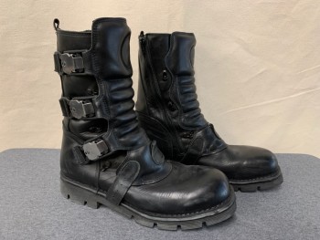 NEW ROCK, Black, Leather, Solid, Motorcycle Style, Zip Interior, Leather Padded Chassis with Plastic and Metal Ski Boot Style Faux Clasps