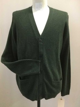 UNIQLO, Moss Green, Wool, Heathered, V-neck, 5 Buttons, 2 Pockets,