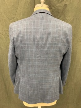 ROSSETTI, Lt Blue, Navy Blue, Wool, Silk, Plaid, Grid , Single Breasted, Collar Attached, Notched Lapel, Hand Picked Collar/Lapel, 2 Buttons,  3 Pockets