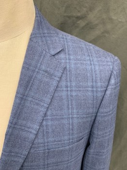 ROSSETTI, Lt Blue, Navy Blue, Wool, Silk, Plaid, Grid , Single Breasted, Collar Attached, Notched Lapel, Hand Picked Collar/Lapel, 2 Buttons,  3 Pockets