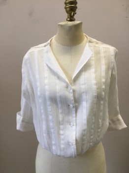 Womens, Blouse 1890s-1910s, N/L, White, Cotton, Solid, W25, B34, Self Woven Stripe Cotton with Tuck Pleats. Button Front, Cotton  Batiste Collar with Lace Trim. 3/4 Length Sleeves. Repair Work on Right Sleeve at Shoulder,
