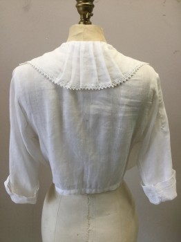 Womens, Blouse 1890s-1910s, N/L, White, Cotton, Solid, W25, B34, Self Woven Stripe Cotton with Tuck Pleats. Button Front, Cotton  Batiste Collar with Lace Trim. 3/4 Length Sleeves. Repair Work on Right Sleeve at Shoulder,