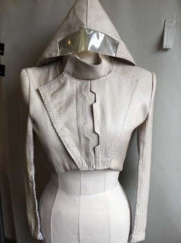Womens, Sci-Fi/Fantasy Jacket, Cream, Polyester, Nylon, Stripes, 38 C, 2 Pc Cropped Jacket W/ Rubber Stripes Stand Collar Velcro Closing Front W/ Hood See Photo Attached, *collar Needs Work