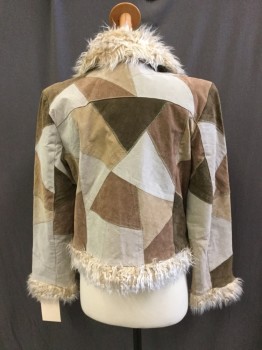Womens, Leather Jacket, LEARS, Beige, Tan Brown, Brown, Suede, Faux Fur, Patchwork, M, No Closures, Fur Trimmed Hem/cuff/collar, Retro 1970's,