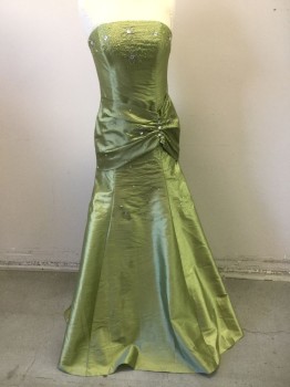 LA SERA, Avocado Green, Polyester, Beaded, Solid, Light Avocado Green Taffeta, with Small Green and Silver Clear Beads Scattered Throughout, Larger Clear Circular Gemstones at Bust and at Hip, Ruching at Side Hip, Strapless, Zipper at Center Back, Floor Length Hem