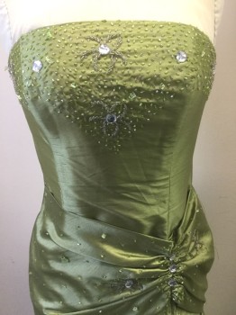 LA SERA, Avocado Green, Polyester, Beaded, Solid, Light Avocado Green Taffeta, with Small Green and Silver Clear Beads Scattered Throughout, Larger Clear Circular Gemstones at Bust and at Hip, Ruching at Side Hip, Strapless, Zipper at Center Back, Floor Length Hem