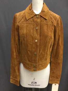 FOREVER 21, Caramel Brown, Suede, Solid, Cropped, Snap Front, Collar Attached, Quilted Yoke Front, 2 Vertical Zip Pockets, Snap Cuffs
