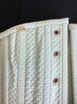 Womens, Corset 1890s-1910s, N/L, Mint Green, Diamonds, Mint Diamond,square Quilt, Khaki Lining, Lacing Back (NO STRING ATTACHED), 4 PC Garter Belt, (Light Brown Stained In Front and Upper Left Top) See Photo Attached,