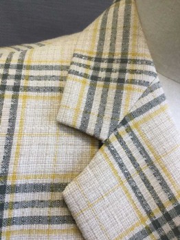 Mens, Blazer/Sport Co, GEORGE RICHLAND, Cream, Tan Brown, Mustard Yellow, Dk Olive Grn, Polyester, Wool, Plaid-  Windowpane, 40R, Single Breasted, Notched Lapel, 2 Buttons,  3 Pockets Including 2 Large Patch Pockets at Hips, Beige Lining, Late 1970s/1980's