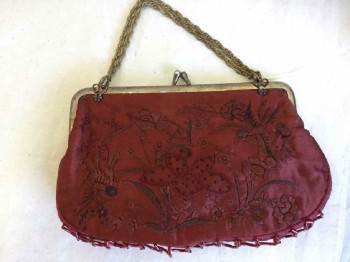 Wine Red, Red Burgundy, Silk, Beaded, Floral, Small Evening Bag, Birds and Flowers Embroidery, Looped Bugal Bead Trim, Metal Frame/Clasp and Double Chain,