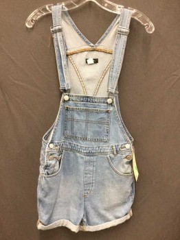 Womens, Romper, BDG, Denim Blue, Cotton, Solid, XS, Faded Blue Bib Overall Shorts, Cuffed, Button Sides, Mended Repair Right Hip