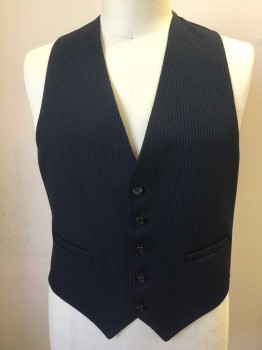 Mens, 1980s Vintage, Suit, Vest, FULTON PARK, Navy Blue, White, Polyester, Stripes - Pin, 44, Solid Navy Silk Back, 5 Buttons, 2 Pockets,