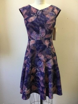 REBECCA TAYLOR, Dk Purple, Pink, White, Lavender Purple, Polyester, Spandex, Abstract , Dk Purple with Pink/ White/ Lavender Abstract Print, V-neck, Sleeveless, Flare Skirt
