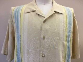 TOMMY BAHAMA, Beige, Neon Yellow, Baby Blue, Aqua Blue, Lime Green, Silk, Floral, Stripes - Vertical , Beige, Tan, Neon Yellow, Baby Blue, Aqua, Lime Vertical Stripes Off White Leaves Print, Collar Attached, Wooden Button Front, Short Sleeves,