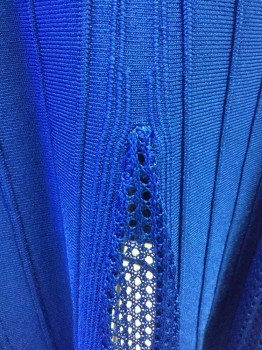 TRINA TURK, Royal Blue, Viscose, Polyester, Solid, Stretchy Knit, with Horizontal Ribbed Stripe on Torso, Vertical Rib on Skirt, Sleeveless, Scoop Neck, Dropped Waist, Mesh Net Godets at Hem, Hem Above Knee