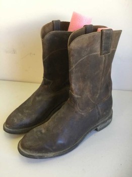 JUSTIN, Chocolate Brown, Leather, Solid, Aged, Cream Stitching