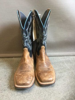 Mens, Cowboy Boots , ARIAT, Brown, Black, Lt Blue, White, Leather, Color Blocking, 11.5, Brown Foot, Black Calf/Ankle, Light Blue and White Embroidery on Black Portion, Square Toe, Brown Straps at Side of Leg, 1.25" Heel