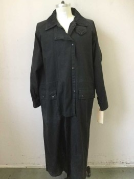 Mens, Coat, Duster, AUSTRALIAN OUTBACK, Black, Cotton, Solid, C 46, M, Waxed Cotton, Double Snap Placket Front, Nubuck Collar with Wide Tab Closure, Raglan Long Sleeves with Snap Tabs at Wrist, Drawstring at Waist, 2 Big Flap Pocket,