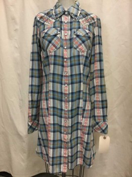 GUESS JEANS, Lt Gray, Navy Blue, Aqua Blue, Beige, Orange, Cotton, Plaid, Lt Gray/ Navy/ Aqua/ Beige Plaid, Orange Novelty Print Stripes, Snap Front, Collar Attached, Long Sleeves, Silver Studded,